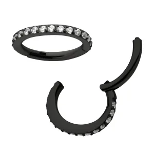 Black PVD Titanium Clicker Ring Oval Shape Clear CZ Hinged Segment