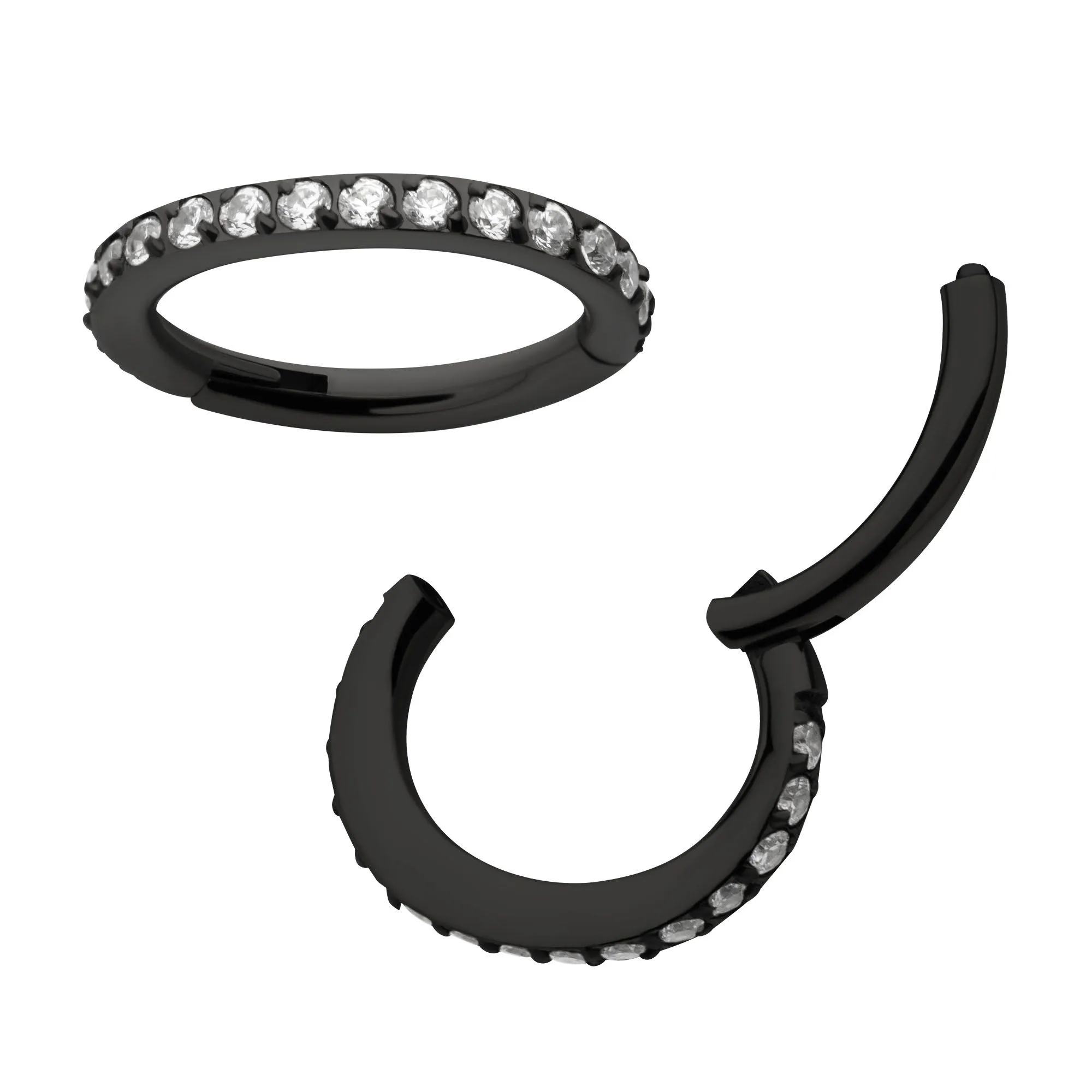 Black PVD Titanium Clicker Ring Oval Shape Clear CZ Hinged Segment