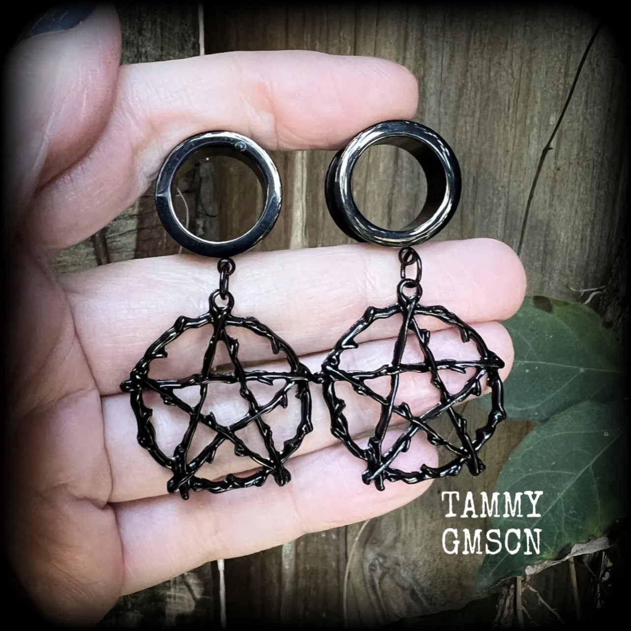 Black witches pentacle-Pentagram tunnel earrings