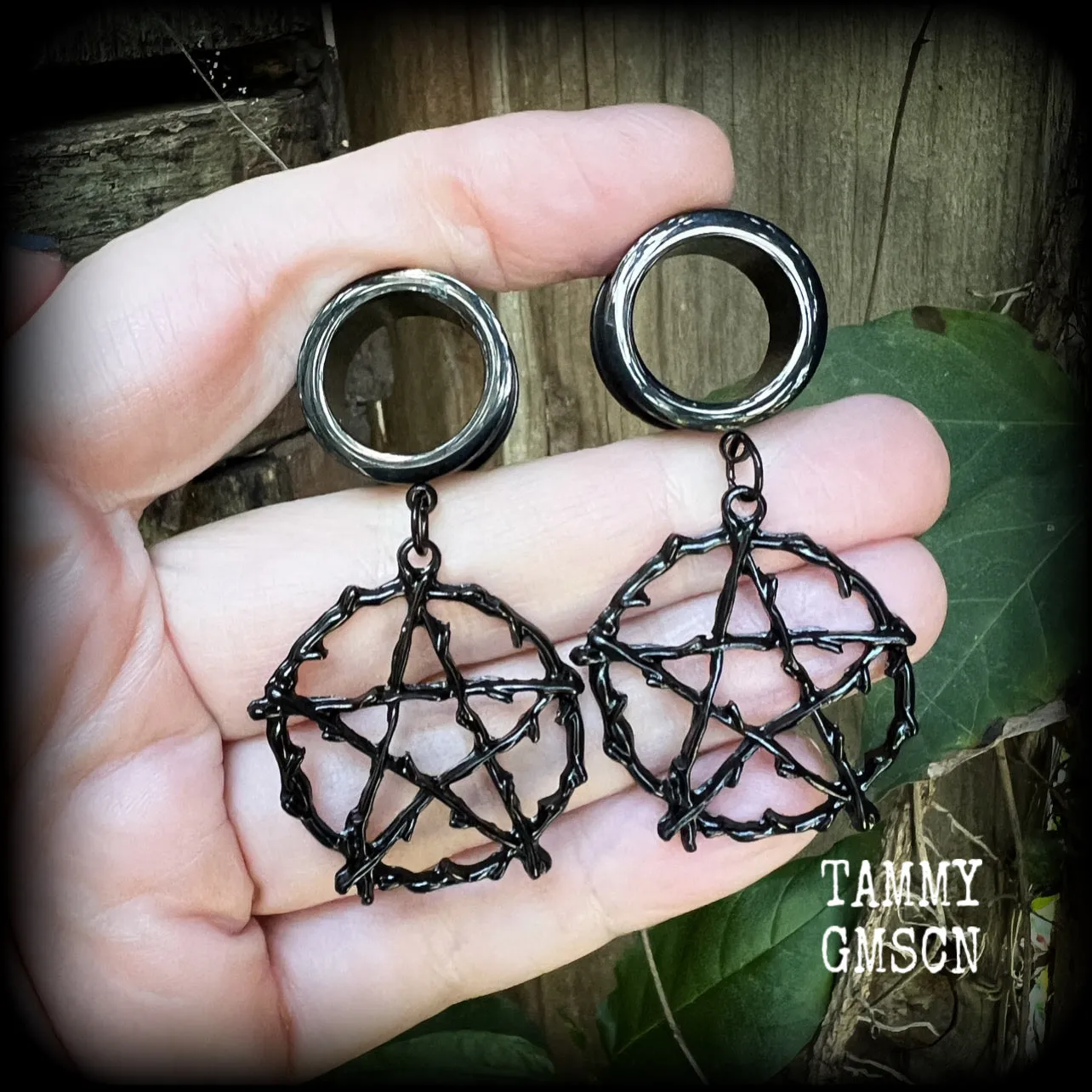 Black witches pentacle-Pentagram tunnel earrings