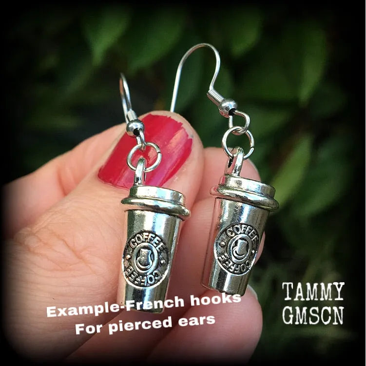 Coffee keep cup tunnel earrings-Tunnel dangles