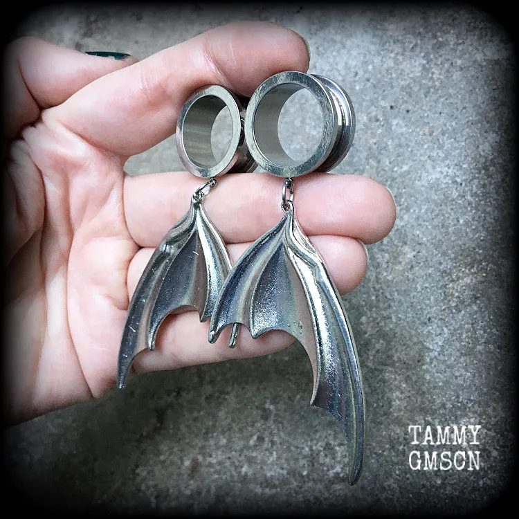 Dragon wings tunnel earrings-Bat wings tunnel dangles
