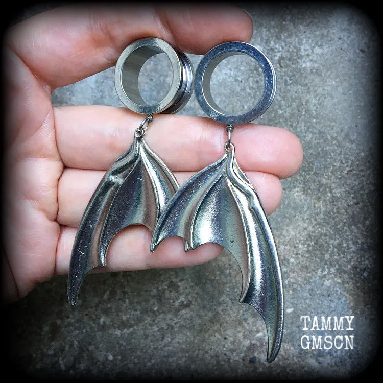 Dragon wings tunnel earrings-Bat wings tunnel dangles