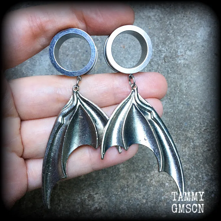 Dragon wings tunnel earrings-Bat wings tunnel dangles