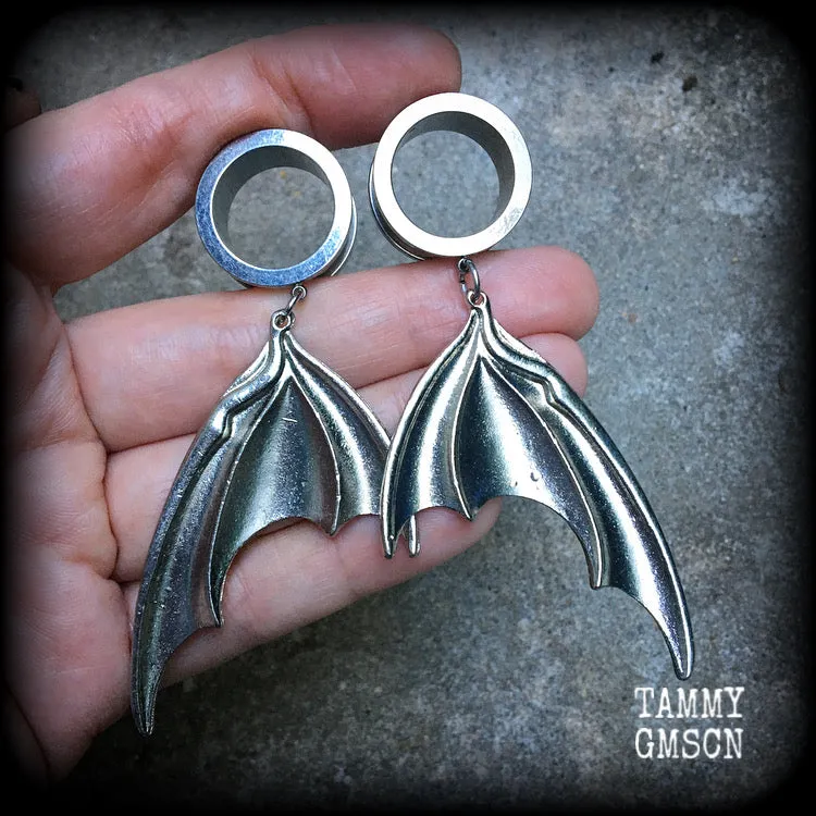 Dragon wings tunnel earrings-Bat wings tunnel dangles