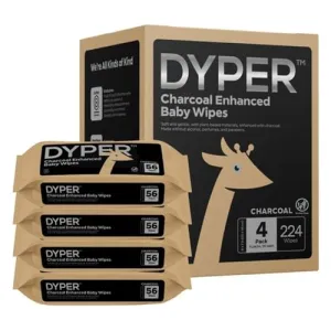 DYPER Baby Wipes - Charcoal Enhanced, Plant-Based & Unscented - 224 Count (4 Packs)